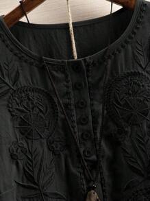 SHEIN LUNE 夏季植物刺繡泡泡袖襯衫加大號 - 黑色 - 查看 6