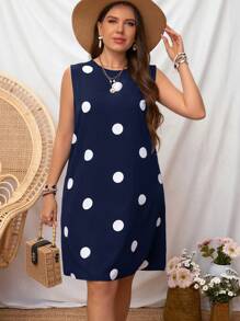 SHEIN LUNE Plus Size Women's Polka Dot Printed Sleeveless Summer Dress - Navy Blue - View 3
