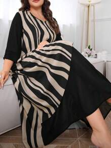 Mulvari Robe arabe à mailles contrastantes imprimées en vagues et en rayures, mode vintage décontractée et lâche printemps été