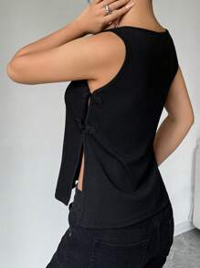 Chiquease Women's Summer Solid Color Chinese Style Knitted Tank Top With Buckle - Black - View 2