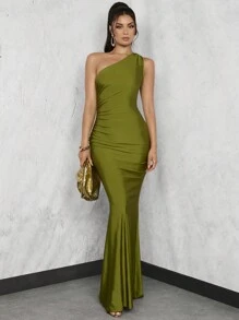 Glamine Wedding Guest Summer Elegant One Shoulder Asymmetrical Pleated High Waist Long Dress Women's Dress Maxi Women Outfit - Green - View 5