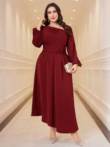Modelyn Vestido de verano elegante de talla grande con mangas farol asimétricas, cintura ceñida y color rojo burdeos