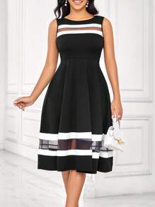 SHEIN Lady Women's Sleeveless Black And White  Color Block A-Line Dress Women Vintage Clothes Teacher Dress   Women Dresses - Multicolor - View 2