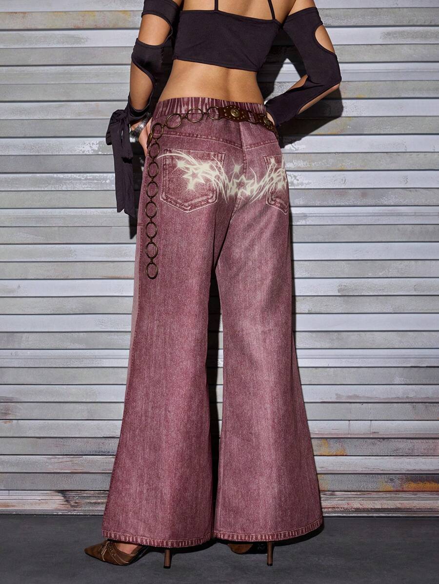 Ariqdhaksinargha Artist Women's Casual Wide Leg Denim Effect Cowgirl Pants, Holiday, Thanksgiving, Vacation, Festival - Pink - View 1