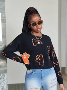 少女卡通圖案垂墜肩毛衣 - 黑色 - 查看 4