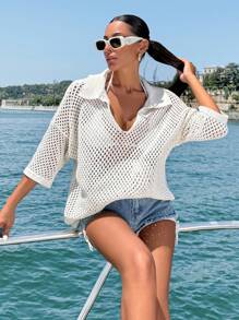 EURMUSE Top décontracté à col polo en tricot ouvert pour femme, pour l'été et les vacances à la plage - Beige - Voir 4