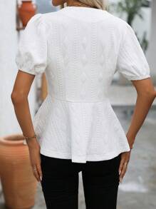 SHEIN Clasi Women's Casual & Fashionable Short-Sleeved Texture Jacket With Cinched Waist And Wave Hemline, Suitable For Commuting Fall Cloth For Women - White - View 2