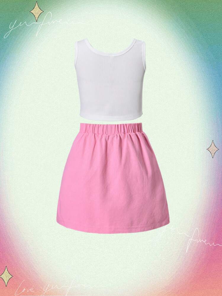 Tween Girl Pink Butterfly Sticker Patchwork T-Shirt And Skirt Y2K Streetwear 2pcs Set