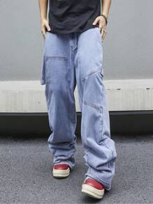 Manfinity EMRG Jeans holgados, de pierna ancha, informales y holgados con bolsillos para hombre