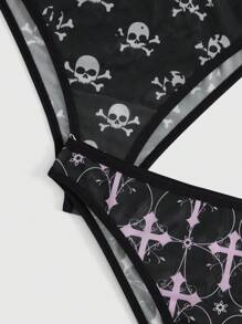 ROMWE Women's Gothic Cross Chain Skull Mesh Floral Printed 5 Pieces Set - Black - View 3