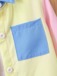 3pcs/Set Baby Girls' Spring/Summer Outfit - Long Sleeve Patchwork Shirt, White T-Shirt And Washed Denim Shorts - Blue - View 6