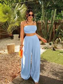 SHEIN SXY Women Fashionable Ruched Strapless Wide Leg Pants Set Summer Vacation Holiday Beach BOHO Sexy - Baby Blue - View 4