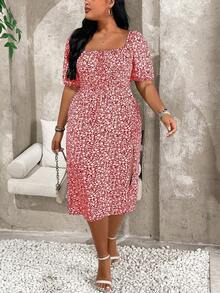 Celure Vestido de verano con estampado floral pequeño y abertura lateral para tallas grandes - Rojo - Ver 5
