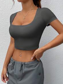 SHEIN EZwear Áo thun cổ vuông màu xám đậm liền mạch cơ bản - Màu xám đen - Xem 6