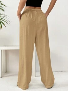 SHEIN EZwear Loose-Fit Khaki Woven Linen Women's Casual Trousers - Khaki - View 2