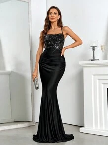 SHEIN Belle Trang phục dự tiệc tối trang trọng hở lưng bằng vải satin cạp cao, váy dài cho nữ, váy đêm hẹn hò, váy dạ hội bán trang trọng, cho sinh nhật, khách dự tiệc cưới, tiệc tốt nghiệp, váy maxi quyến rũ, váy dạ hội thanh lịch bốn mùa lễ hội, váy dạ hội - màu đen - Xem 5
