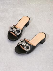 Girls Comfy Fashionable Rhinestone Bow High Heel Slippers - Black - View 6