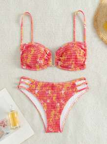 SHEIN Swim 女式夏季海灘植物印花推上式性感比基尼套裝 - 彩色 - 查看 1