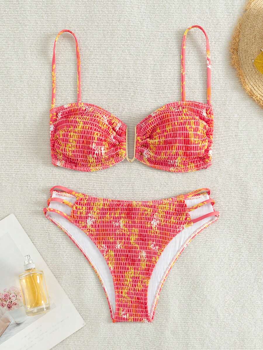 SHEIN Swim 女式夏季海灘植物印花推上式性感比基尼套裝 - 彩色 - 查看 1