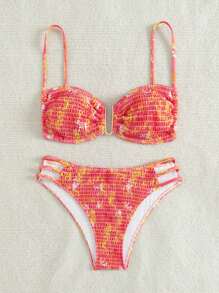 SHEIN Swim 女式夏季海灘植物印花推上式性感比基尼套裝 - 彩色 - 查看 4
