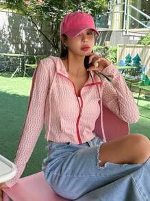 DAZY Allover Print Zip Up Drawstring Hooded Jacket,Fall Clothes - Pink - View 10