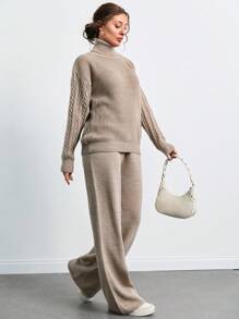 SHEIN Tall Tuta con maglione a collo alto, maniche cadenti e pantaloni - Moka Marrone - Visualizzare 3