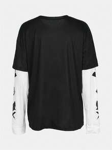 夏季纯色时尚街头风圆领印花拼接长袖Y2K女式上衣 - 藍色 - 查看 4