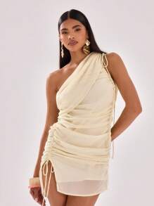 MUSERA One Shoulder Ruched Detail Mini Dress Spring Summer Sexy Vacation Party Party Elegant Chic Holiday - Apricot - View 6