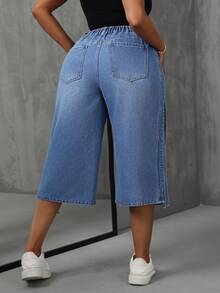 SHEIN SXY Quần Capri denim cạp cao cỡ lớn có dây buộc bên hông - Rửa trung bình - Xem 3