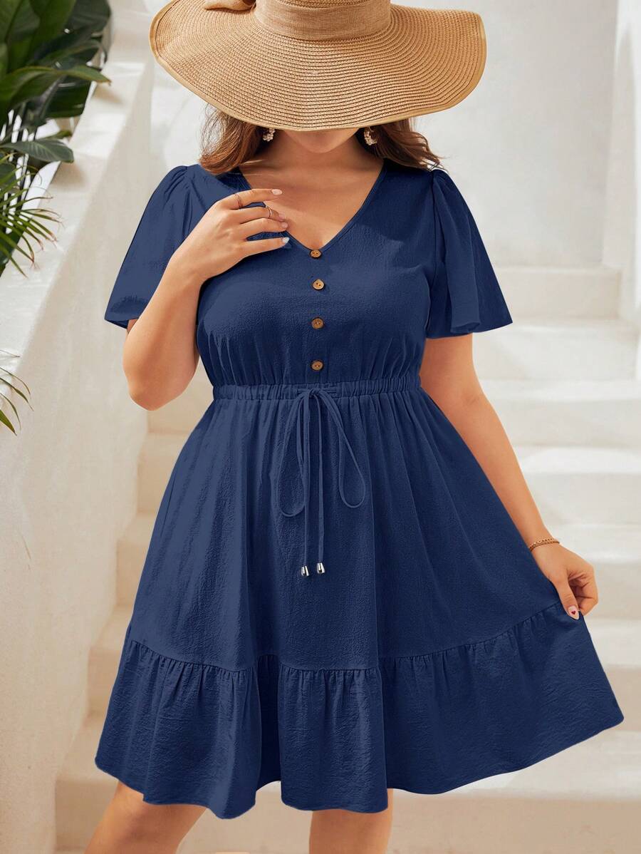 SHEIN VCAY 加大號蝴蝶袖荷葉邊打結前襟裙 - 藏蓝色 - 查看 1