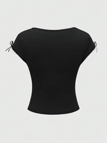 ROMWE Kawaii Square Neck Lace Stitching Puff Sleeve 2 In 1 Ballet Style Colorblock Women's T-Shirt, School - Black - View 4