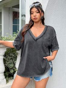 Muchica Cộng với kích thước axit rửa sạch nhìn cổ điển dệt kim đau khổ Loose Fit ngắn tay áo thun - màu đen - Xem 6