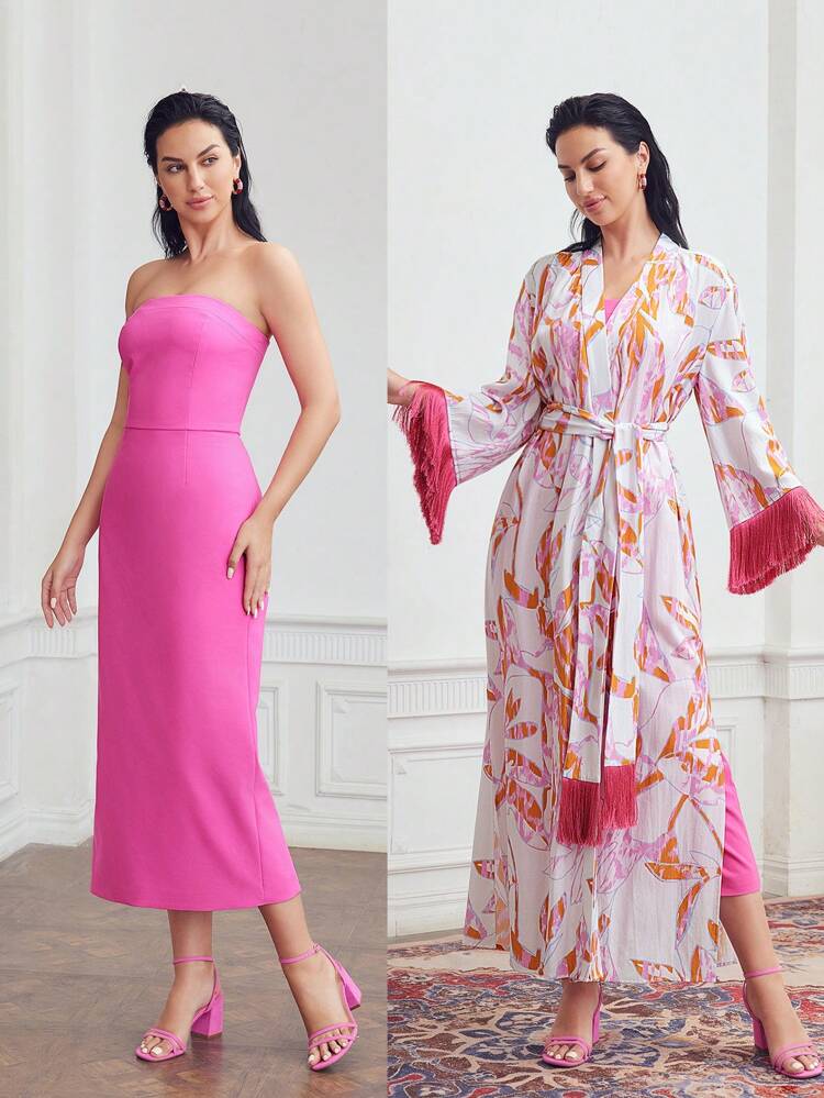 ALLOVER PRINT FRINGE TRIM BELTED COAT & TUBE DRESS SET