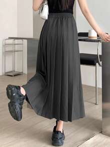 DAZY 纯色抽绳腰褶裙 - 灰色 - 查看 5