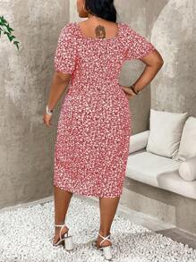 Celure Vestido de verano con estampado floral pequeño y abertura lateral para tallas grandes - Rojo - Ver 2