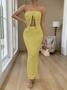 Chiquease Tie Front Tube Top & Split Thigh Skirt - Lime Green - View 4