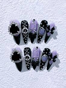 ROMWE Grunge Punk 10pcs Sweet & Cool Heart-Shaped Bow Artificial Nail Pieces And 1 Roll Of Adhesive Tape