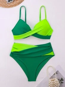 Swim Lushoire Conjunto de bikini sexy para mujer con bloqueo de colores y cruces frontales para la playa de verano