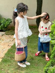 SHEIN Little Girls' Sleeveless Round Neck Burnt-Out Flower Top And Pants Set With Ruffled Hem - Multicolor - View 4