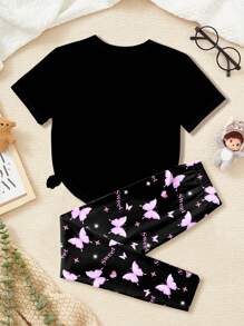 Conjunto de camiseta de manga corta y pantalón largo casual color morado con estampado de mariposa en dibujos animados para niña preadolescente, ajuste cómodo, adecuado para ropa de hogar en primavera y verano - Negro - Ver 2