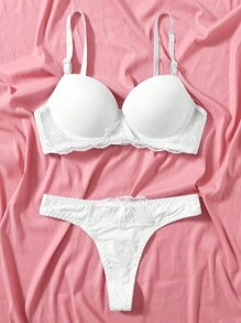 對比蕾絲帶扣文胸和內褲內衣套裝 - 白色 - 查看 3