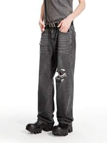 Chillumni Quần Jeans Denim Ống Loe Rách Màu Xám Đậm Cho Nam - Màu xám đen - Xem 3