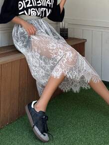 DAZY 女性實色高腰蕾絲裙 - 白色 - 查看 8