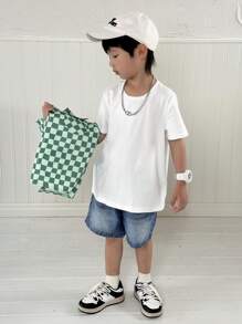 SHEIN 3pcs/Set Young Boy Sporty Preppy Plaid Pocket Sleeveless Jacket,Solid Color Short Sleeve T-Shirt And Denim Shorts,Back-To-School Summer Street Wear - Multicolor - View 4