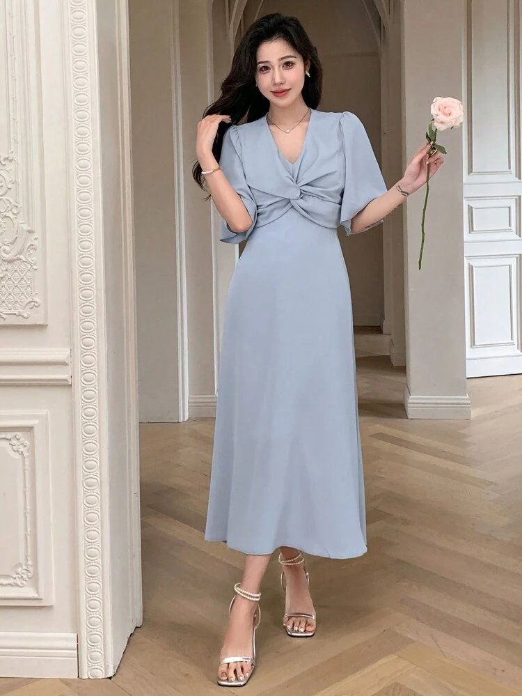 Women's V-Neck Twisted Design Long Dress With A Sense Of Design Summer Elegant Dress