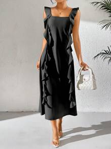 Chiquease Váy đi nghỉ màu trơn dành cho nữ có diềm xếp nếp và ruy băng - màu đen - Xem 6