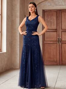 MIUSOL Elegant Women's Sweetheart Neck Sequin Floral Lace Navy Blue Mermaid Maxi Dress, Sleeveless Contrast Mesh Hem, For Formal Wedding Guest Gown, Prom, Evening Party, Graduation, Dinner - 藏蓝色 - 查看 5