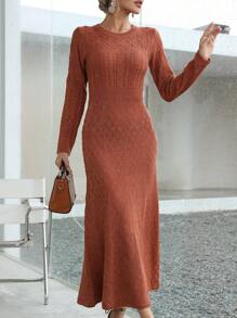 Knit Mix 秋冬長袖針織毛衣裙（圖案隨機） - 鏽棕色 - 查看 1