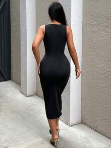 VaVaBold Solid Color Deep V Lace Up Detail Sleeveless Tight Fitting Dress - Black - View 2