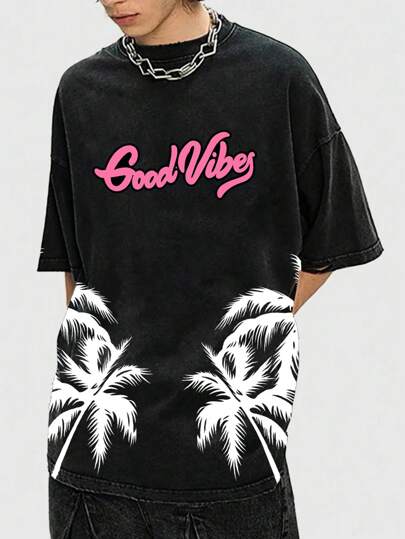 Street Life Camiseta casual de manga corta con impresión de letra de palmera para hombre en verano